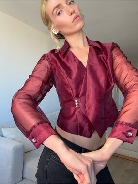 Dressbarn Petite Burgundy Sheer Sleeve Wrap Style Evening Blouse 4P